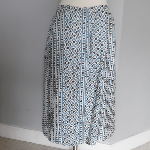Prada Silk Polka Dot Logo Pencil Brown Blue White Raw hem Silk Midi Skirt Medium - Picture 1 of 10
